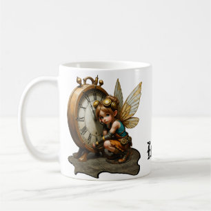 Caneca De Café Fada Steampunk com Asas de Ouro e Relógio Antiquad