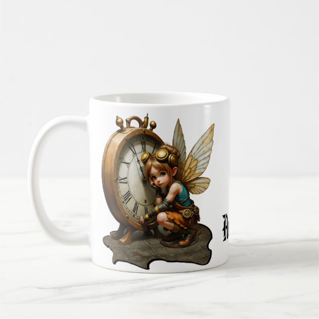 Caneca De Café Fada Steampunk com Asas de Ouro e Relógio Antiquad (Esquerda)