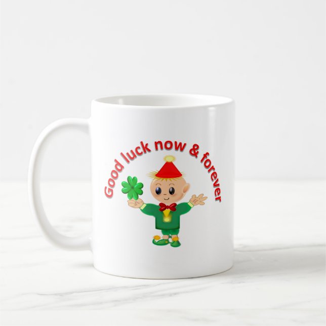 Caneca De Café Fada verde fofo segurando um trevo de quatro folha (Esquerda)