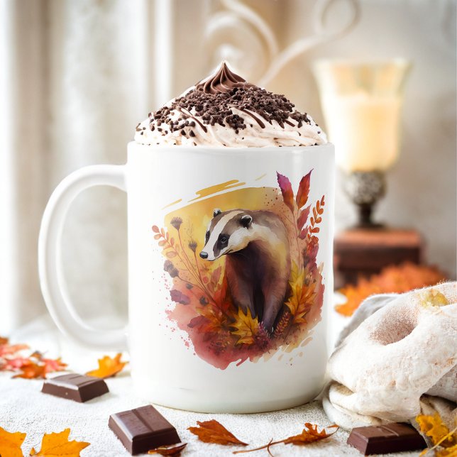 Caneca De Café Fall Vibes Watercolor Badger - (Criador carregado)