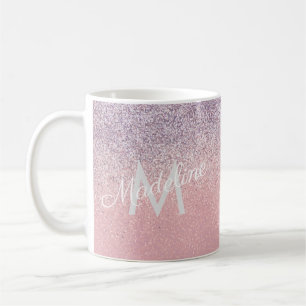 Caneca De Café Falso Brilho Monogramado Rosa e Roxo Espelhado 