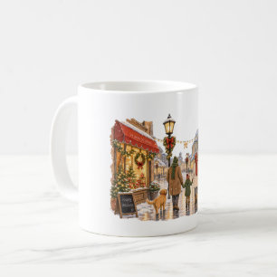 Caneca De Café Família caminhando na rua de Natal nevada para o f