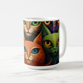 Caneca De Café Família Cat Colorida Whimsical 2a