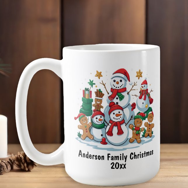 Caneca De Café Família de Boneco de Neve Festivo Natal Ano (Snowman Family Name Christmas Mug)