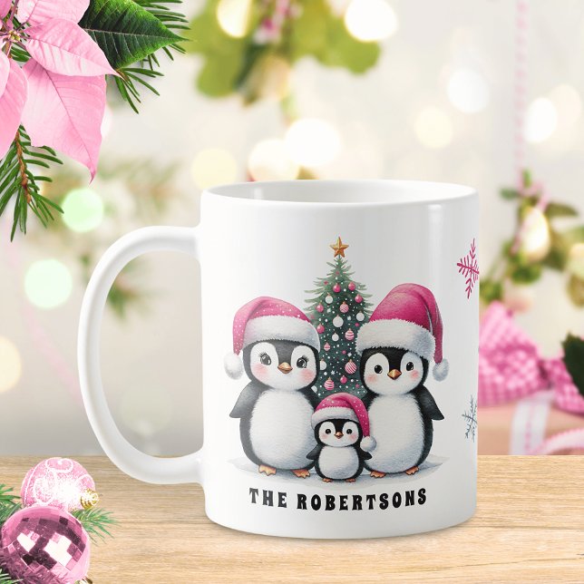 Caneca De Café Família Engraçado Pinguins Nome Rosa Natal (Criador carregado)