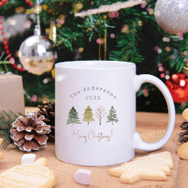 Caneca De Café Família Natal Elegante De Pinheiros Com Aquarela