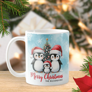 Caneca De Café Família Pinguim Gelada Azul Vermelho Feliz Natal
