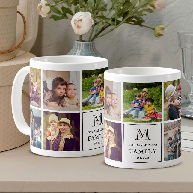 Caneca De Café Family Monogram 9 Photo Collage and Custom Text (Criador carregado)
