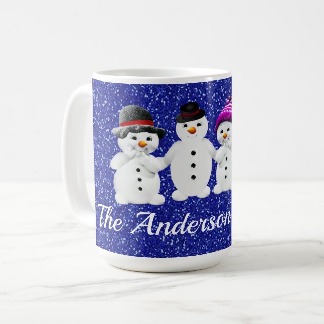 Caneca De Café Family of Four Snowmen Blue Sparkle Winter     (Frente Esquerda)