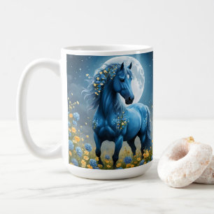 Caneca De Café Fantasia Azul Cavalo Mágico Flores da Lua,