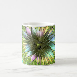 Caneca De Café Fantasia Colorida Luminosa Flores Arte Fractal