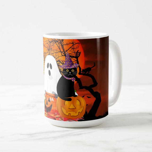 Caneca De Café Fantasma Assustador do Halloween e Gato Preto  (Frente Esquerda)