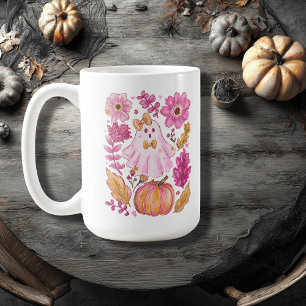 Caneca De Café Fantasma de Halloween Rosa Pastel