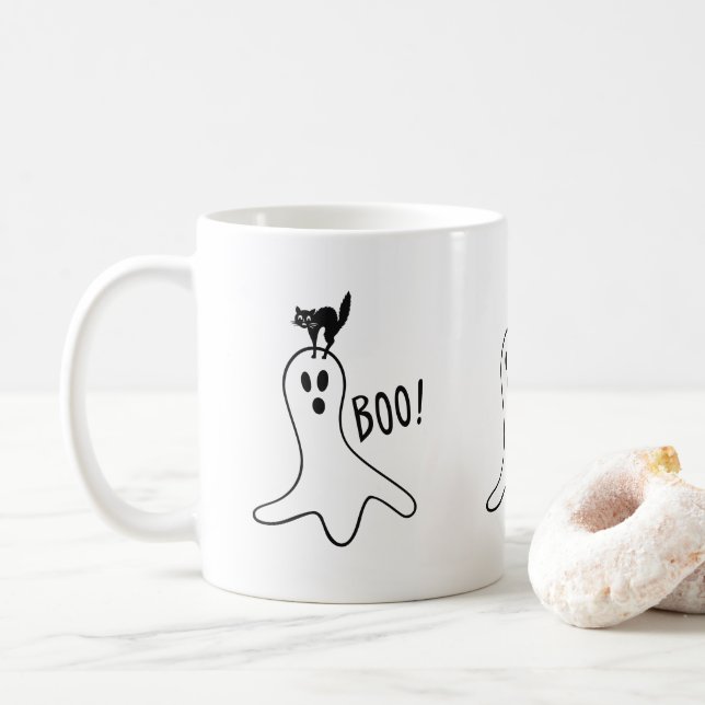 Caneca De Café Fantasma e Gato Preto Halloween Assustador Fofo (Com Donut)
