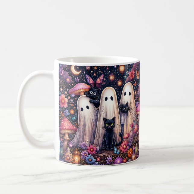 Caneca De Café Fantasma e Gatos Pretos Halloween (Esquerda)
