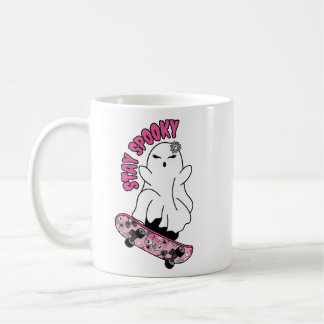 Caneca De Café Fantasma "Fique Louco" em um skate - Legal rosa