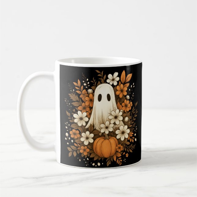 Caneca De Café Fantasma Fofo Com Abóbora E Flores De Outono – Hal (Esquerda)