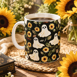 Caneca De Café Fantasma & Girassóis Floral Gótico Assustador