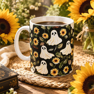 Caneca De Café Fantasma & Girassóis Floral Gótico Assustador