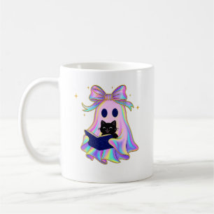 Caneca De Café Fantasma iridescente com um livro e um gato preto