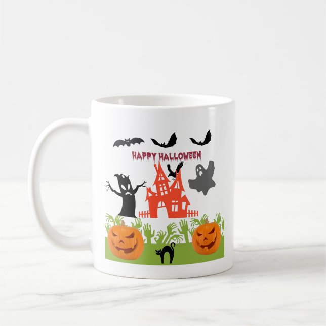 Caneca De Café Fantasma Sinistro Voador, Morcegos, Abóboras, Gato (Esquerda)