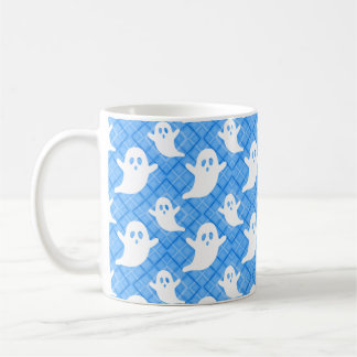 Caneca De Café Fantasmas de Halloween em Xadrez Azul