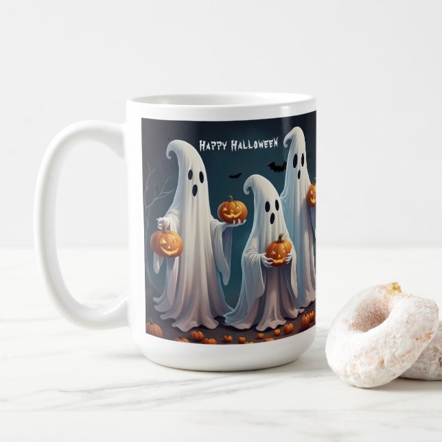 Caneca De Café Fantasmas Flutuantes Encantadores com Pumpkins Spo (Com Donut)