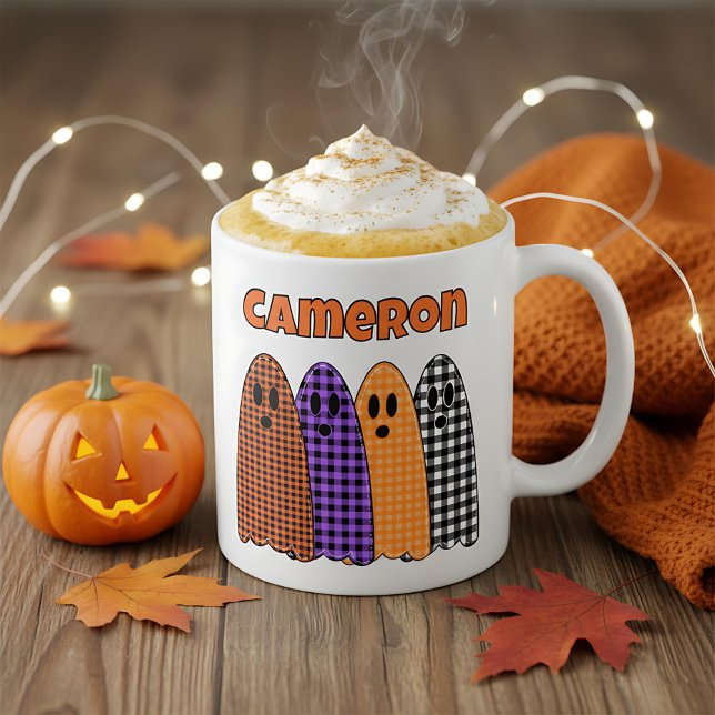 Caneca De Café Fantasmas Xadrez de Halloween (Criador carregado)