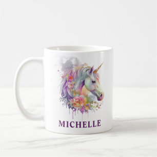 Caneca De Café Fantástico Unicórnio de Fantasia em Aquarela e Flo