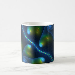 Caneca De Café Fantasy Luzes Abstrato Azul Verde Amarelo Fractal