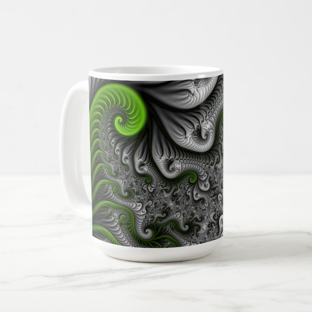 Caneca De Café Fantasy Mundo Verde E Arte Fractal Cinza (Frente Esquerda)