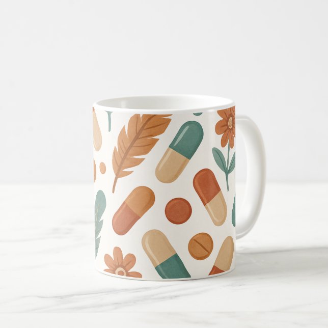 Caneca De Café Farmacêutico Boho Daisy Penas Pílulas (Frente Esquerda)