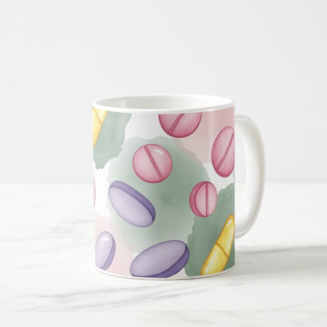 Caneca De Café Farmacêutico Fundo Cinza Comprimidos Roxos (Frente Esquerda)