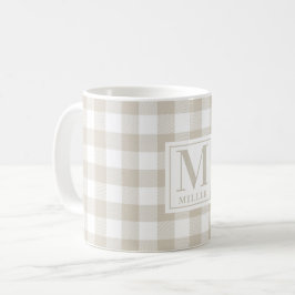 Caneca De Café Farmhouse Beige Buffalo Check Nome da Família Mono