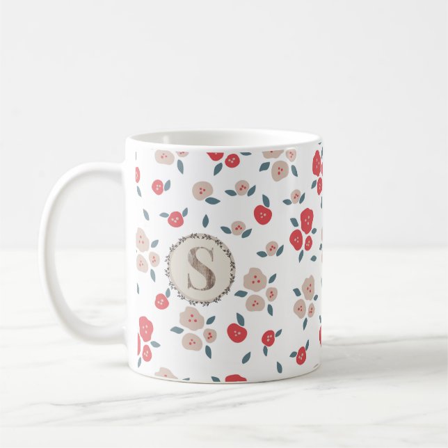 Caneca De Café Farmhouse Floral Vermelho, Monograma Russo do País (Esquerda)
