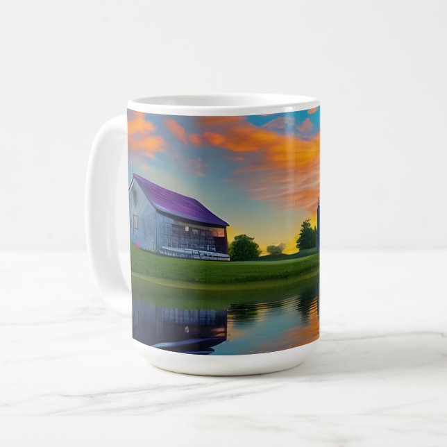 Caneca De Café Farmhouse Purple Roof Pond em Sunrise (Frente Esquerda)