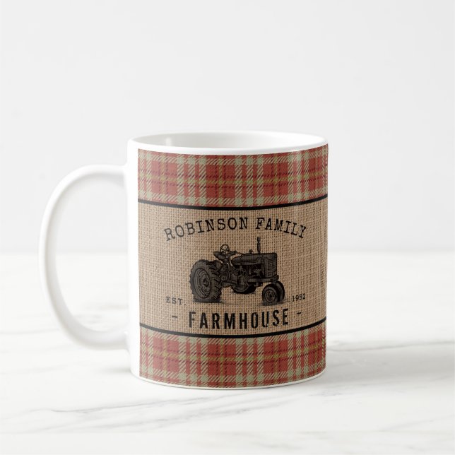 Caneca De Café Farmhouse Russo Trator Red Xadrez Burlap (Esquerda)