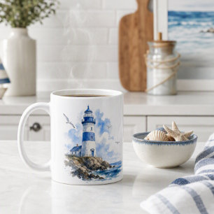 Caneca de Café Farol Azul e Branco Aquarela