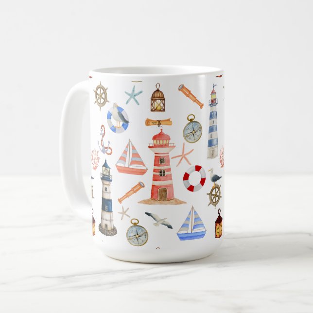 Caneca De Café Farol E Navio De Navegação (Frente Esquerda)