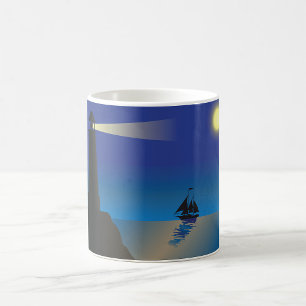 Caneca De Café Farol e veleiro à noite Oceano iluminado pela Lua
