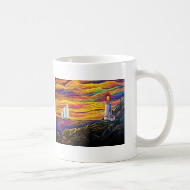 Caneca De Café Farol e veleiro na plataforma Sunset Ocean Mug (Direita)