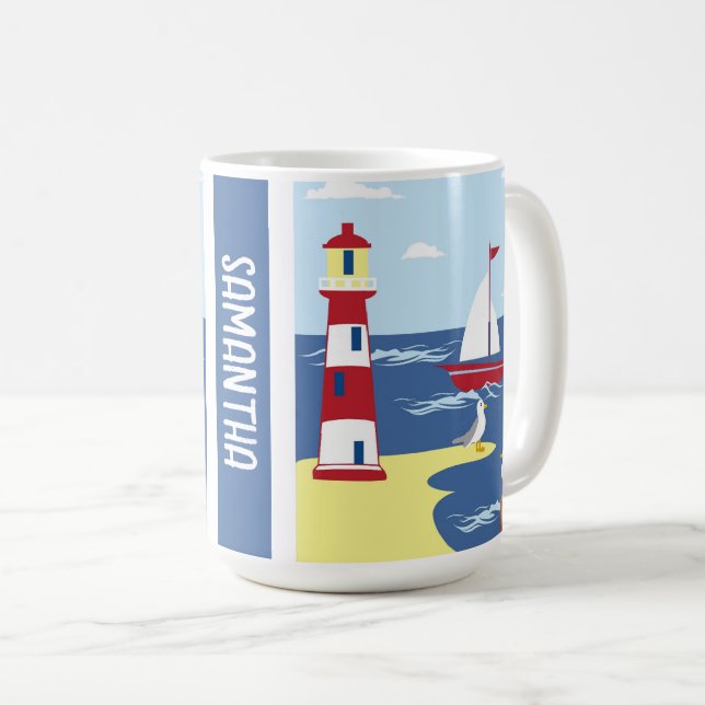 Caneca De Café Farol giro e arte costeira de barco personalizada (Frente Esquerda)