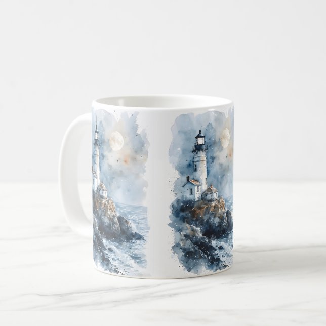 Caneca De Café Farol Iluminado pelo Luar na Costa Rochosa (Frente Esquerda)