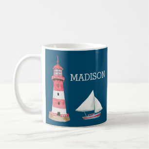 Caneca De Café Farol Náutico Nome do Barco Vermelho Branco Azul
