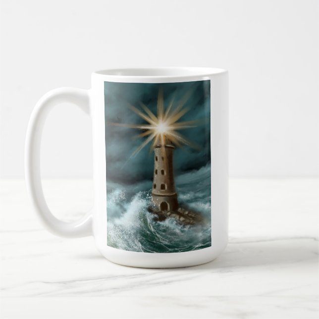 Caneca De Café farol pintado à mão pelo mar (Esquerda)
