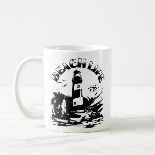 Caneca De Café Farol Preto e Branco na Vida da Praia