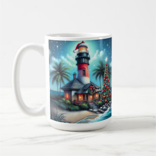 Caneca De Café Farol Tropical de Natal Whimsical Vermelho Teal