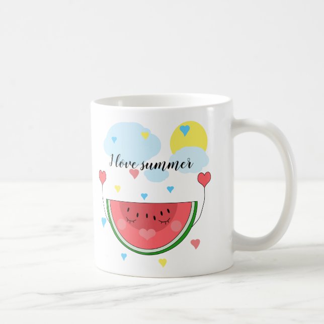 Caneca De Café Fatia de melancia, texto, "Eu amo o verão", (Direita)