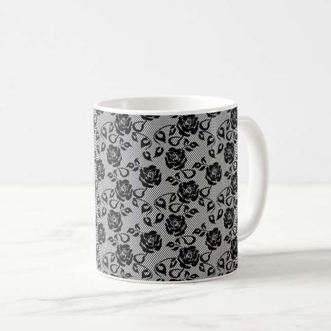 Caneca De Café Faux Black Lace Rosa Fishnet Coffee Mug (Frente Esquerda)
