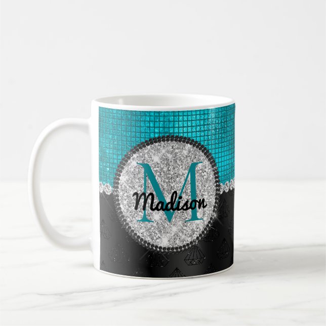 Caneca De Café Faux Chic Silver Glitter Turquoise Monograma preto (Esquerda)